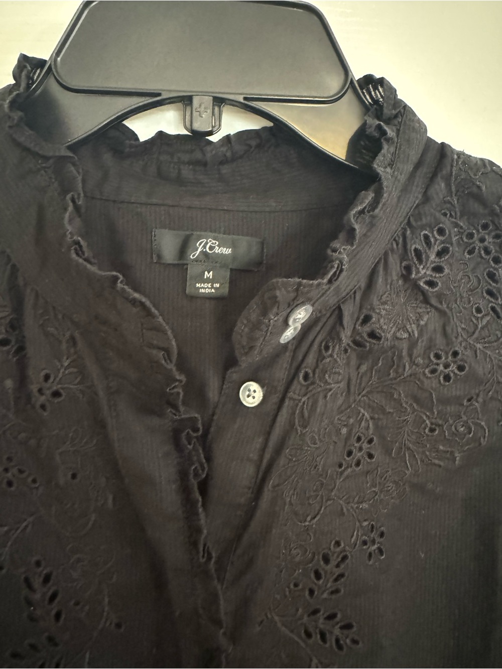 J. Crew Black Eyelet Embroidered Ruffled Button-Front Blouse